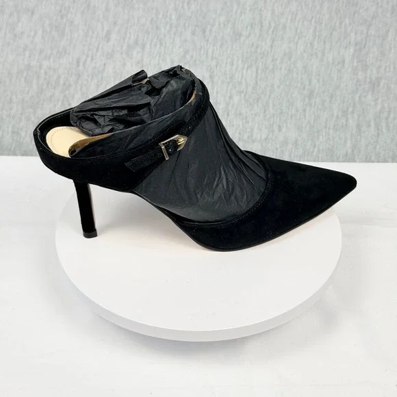 Nine West Danela Black Suede Pointed Toe Mule Heels 6.5M Gold Buckle Strap - Picture 2 of 11